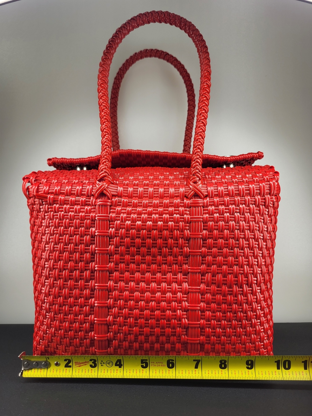 Red Woven Plastic Basket Handbag Box Purse Top Handle Picnic Bag